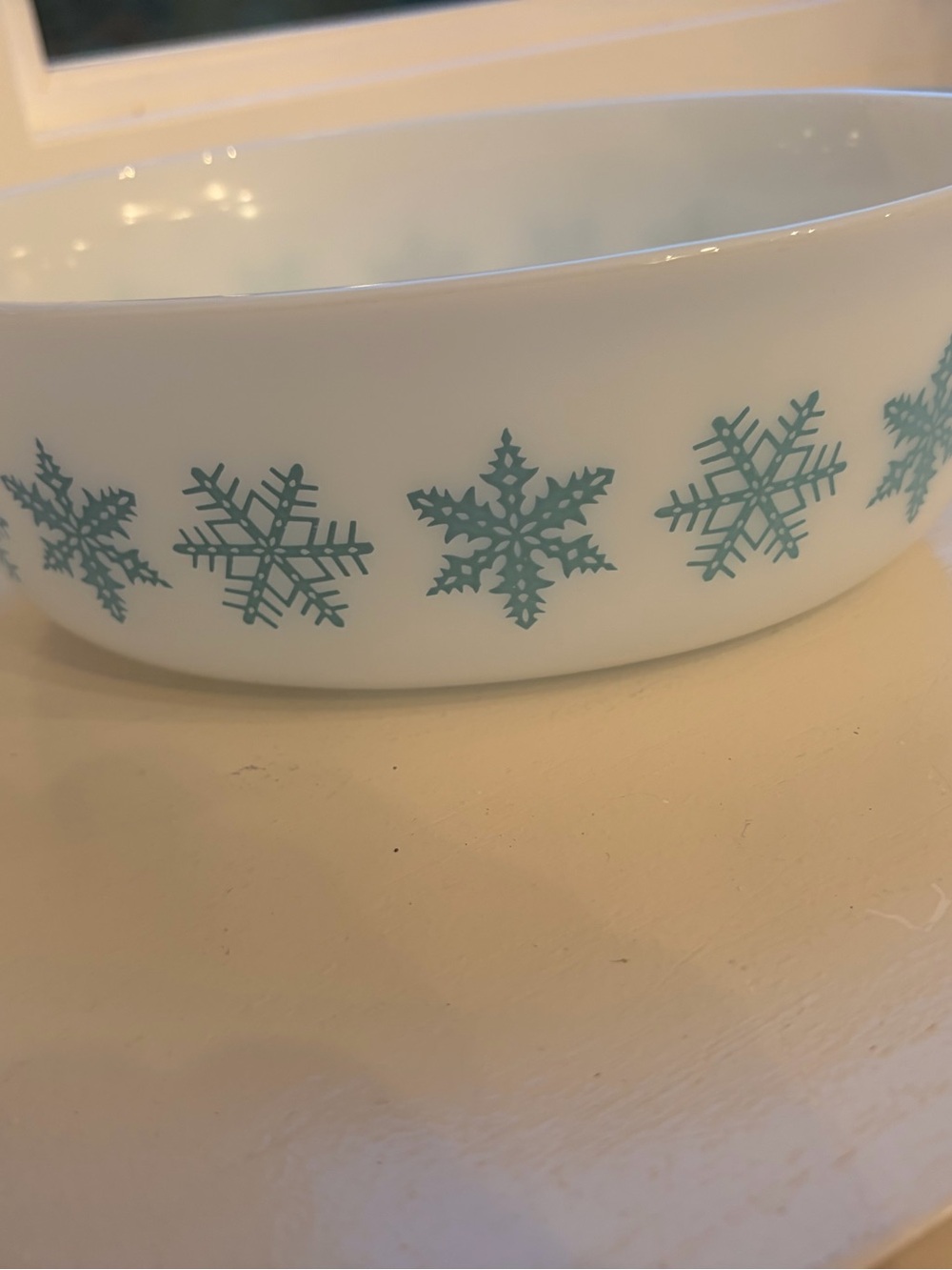 Vintage Pyrex White Casserole with Teal Snowflake Pattern